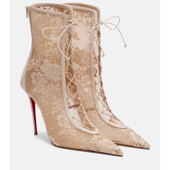 Christian Louboutin Km Lace Booties 100 in Natural | Lyst Canada Christian Louboutin KM Lace Booty 100 Pearl Beige Lace Up Ankle Heel Bootie 41